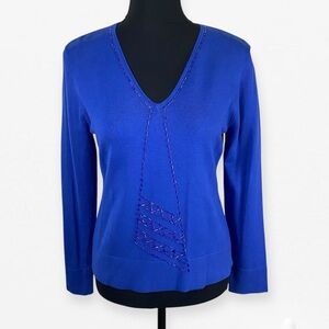 Bogari Chic Royal Blue V-Neck Beaded accent long sleeve blouse top L